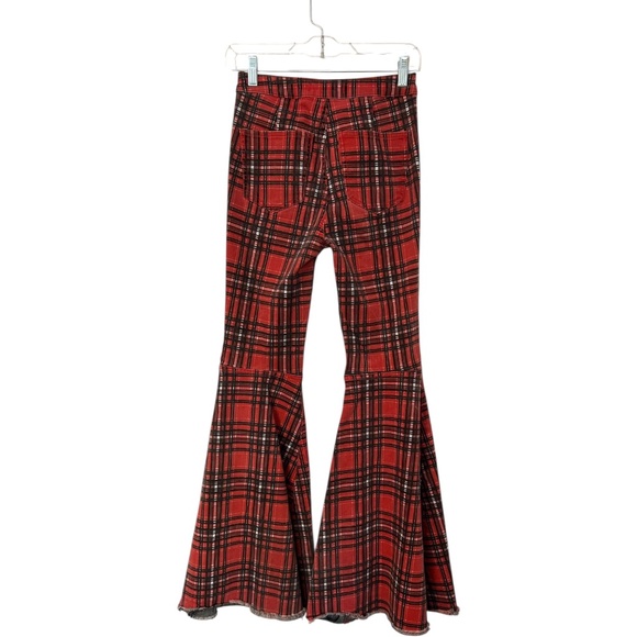 Free People Just Float On Printed Flare Jeans RED PLAID Size 26 - Picture 6 of 8